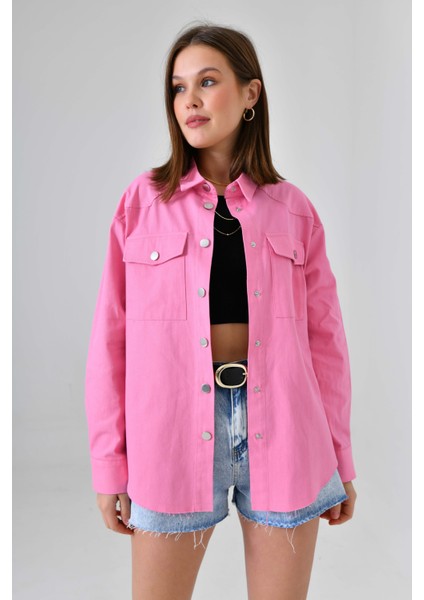 Pembe Oversize Dokuma Gömlek