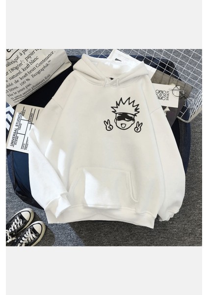 Gojo Icon Beyaz Kapşonlu Sweatshirt