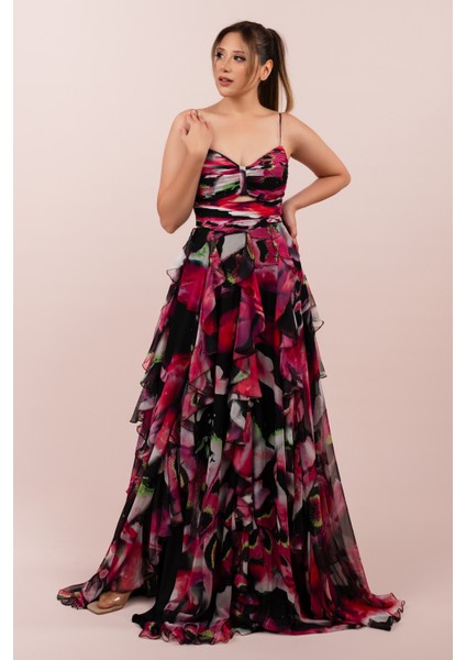 Empirme Göbek Dekolteli Yırtmaçlı Uzun Elbise (CRM-58229)