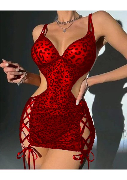 my cherie Leopar Flok Baskılı Bağlama Detaylı Elbise Gecelik Babydoll