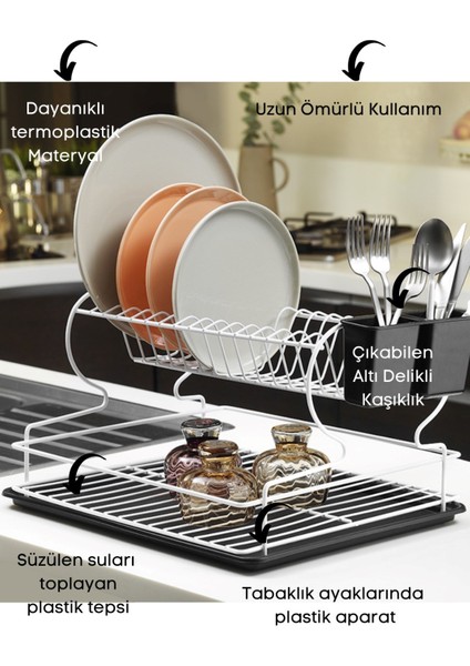 2 Katlı Tezgah Üstü Tabaklık Bulaşık Lık Sepeti Beyaz modelleri