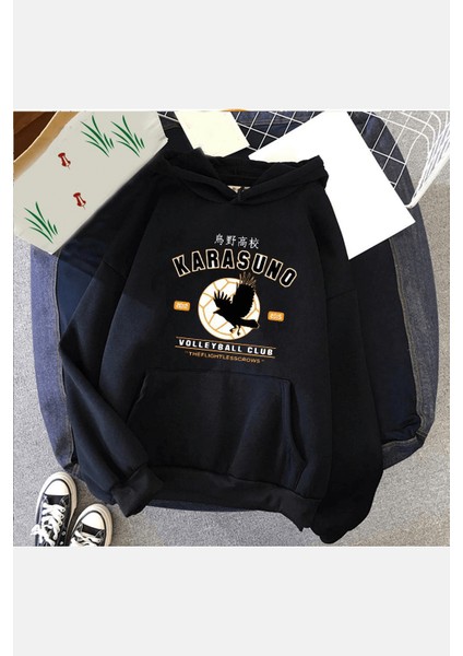 Haikyuu Karasuno Siyah Kapşonlu Sweatshirt