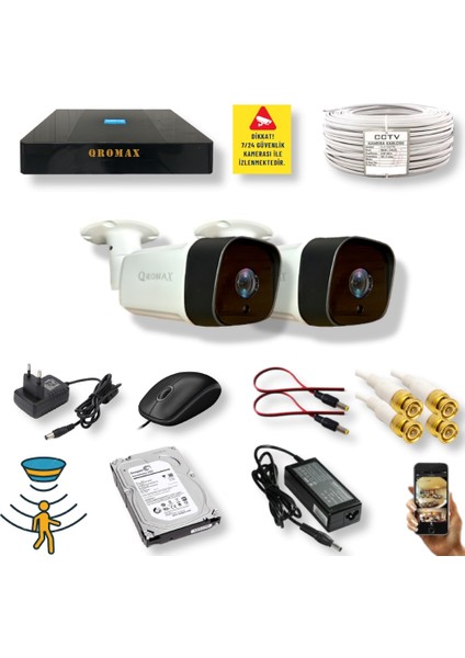 2 Kameralı Set - Hareket Algılayan Gece Görüşlü 36 Ir LED 5mp Sony Lensli 1080P Full Hd Metal Kasa Güvenlik Kamerası Seti 5236