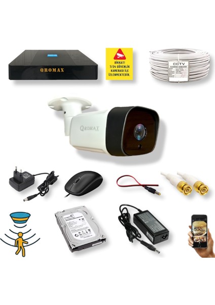 1 Kameralı Set - Hareket Algılayan Gece Görüşlü 36 Ir LED 5mp Sony Lensli 1080P Full Hd Metal Kasa Güvenlik Kamerası Seti 5236