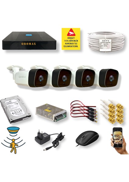 4 Kameralı Set - Hareket Algılayan Gece Görüşlü 36 Ir LED 5mp Sony Lensli 1080P Full Hd Metal Kasa Güvenlik Kamerası Seti 5236