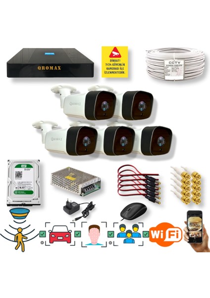 5 Kameralı Set - Insan Yüz Tanımalı Hareket Algılayan Gece Görüşlü 36 Ir LED 5mp Sony Lensli 1080P Full Hd Metal Kasa Güvenlik Kamerası Seti 5236