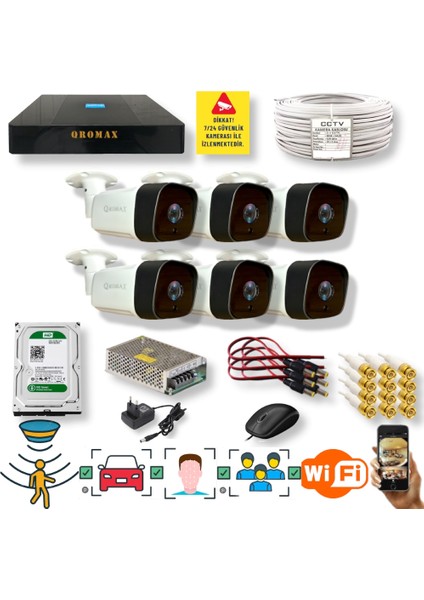 6 Kameralı Set - Insan Yüz Tanımalı Hareket Algılayan Gece Görüşlü 36 Ir LED 5mp Sony Lensli 1080P Full Hd Metal Kasa Güvenlik Kamerası Seti 5236