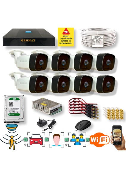 8 Kameralı Set - Insan Yüz Tanımalı Hareket Algılayan Gece Görüşlü 36 Ir LED 5mp Sony Lensli 1080P Full Hd Metal Kasa Güvenlik Kamerası Seti 5236