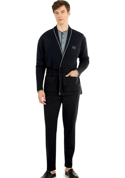 5630 Erkek Triko Sabahlıklılı Uzun Kollu Pijama Takımı-Siyah