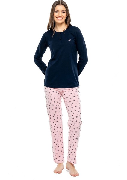 3991 Kadın Lacivert Patlı Uzun Kollu Pijama Takımı -Lacivert