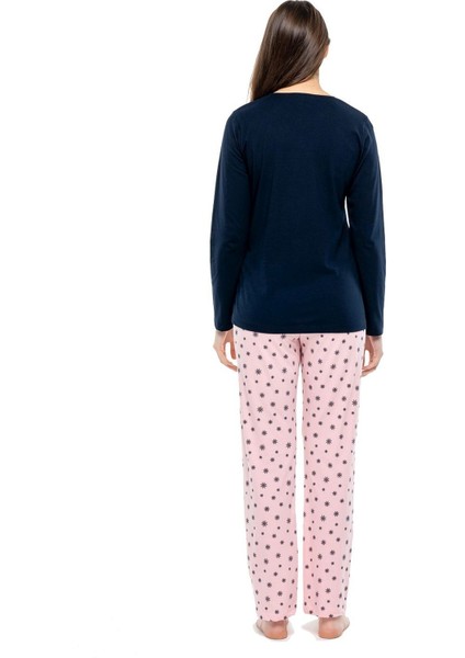 3991 Kadın Lacivert Patlı Uzun Kollu Pijama Takımı -Lacivert