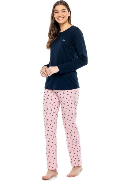 3991 Kadın Lacivert Patlı Uzun Kollu Pijama Takımı -Lacivert