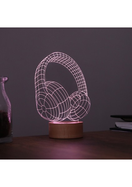 Kulaklık LED Masa Lambası Ahşap Taban 7 Farklı Işık Renkli
