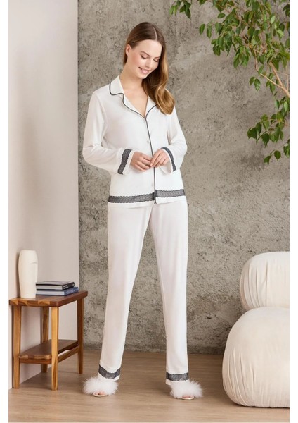 2200 Kadın Uzun Kollu Gömlek Pijama Takımı-Ekru