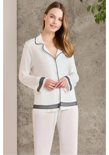 2200 Kadın Uzun Kollu Gömlek Pijama Takımı-Ekru fiyatları