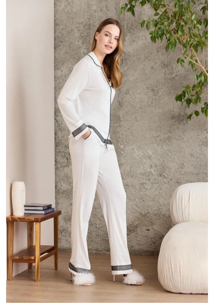 2200 Kadın Uzun Kollu Gömlek Pijama Takımı-Ekru modelleri