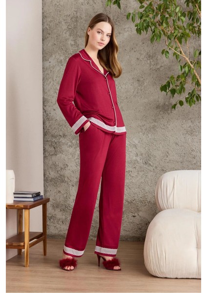 2200 Kadın Uzun Kollu Gömlek Pijama Takımı-Bordo