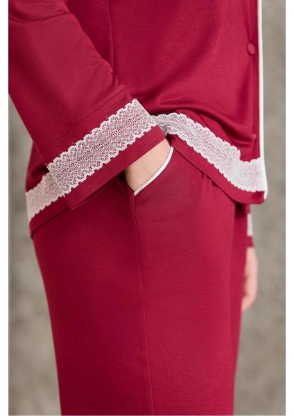 2200 Kadın Uzun Kollu Gömlek Pijama Takımı-Bordo