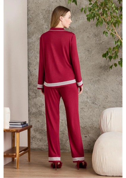 2200 Kadın Uzun Kollu Gömlek Pijama Takımı-Bordo
