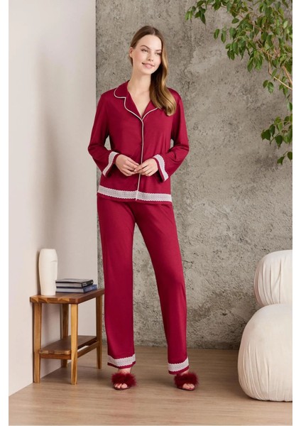 2200 Kadın Uzun Kollu Gömlek Pijama Takımı-Bordo
