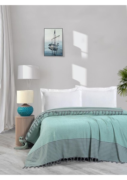 Mint Pike Çift Kişilik Rahat Battaniye Siyah Püskül boho Battaniye %100 PAMUKLU 200*250