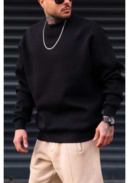 Erkek Düz Siyah Basic Baskısız Sıfır Bisiklet Yaka Oversize Salaş Sweatshirt Sweat fiyatları