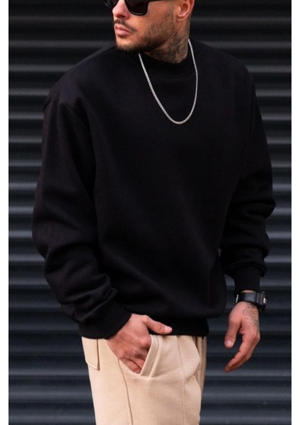Erkek Düz Siyah Basic Baskısız Sıfır Bisiklet Yaka Oversize Salaş Sweatshirt Sweat indirimleri