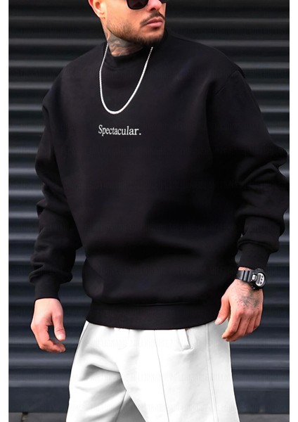 Erkek Siyah Spectacular Baskılı 0 Sıfır Yaka Oversize Salaş Bol Kesim Polar Sweatshirt