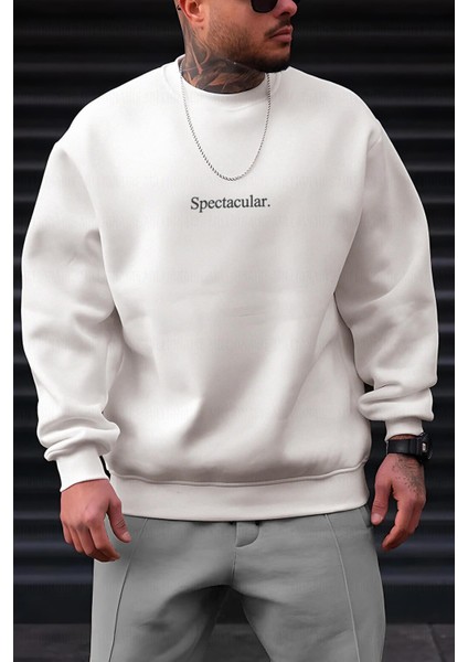 Erkek Kırık Beyaz Krem Ekru Spectacular Baskılı 0 Sıfır Yaka Oversize Salaş Bol Kesim Polar Sweatshirt fiyatları