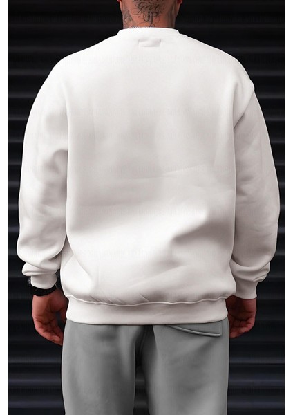 Erkek Kırık Beyaz Krem Ekru Spectacular Baskılı 0 Sıfır Yaka Oversize Salaş Bol Kesim Polar Sweatshirt modelleri