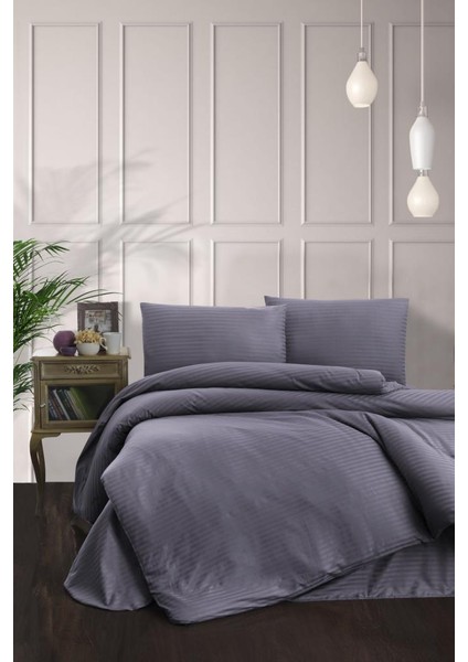Çift Kişilik Nevresim Takımı Pamuk Saten Çizgili %100 Pamuk 200 x 220 cm Antrasit
