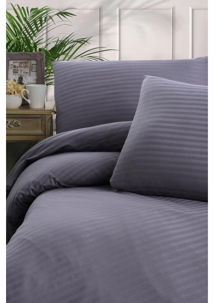 Çift Kişilik Nevresim Takımı Pamuk Saten Çizgili %100 Pamuk 200 x 220 cm Antrasit fiyatları