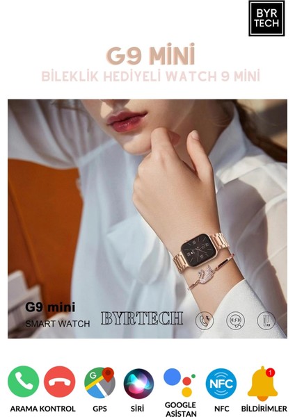 G9 Mini Bileklik Hediyeli Metal+Silikon Kordonlu Watch 9 Series Akıllı Saat