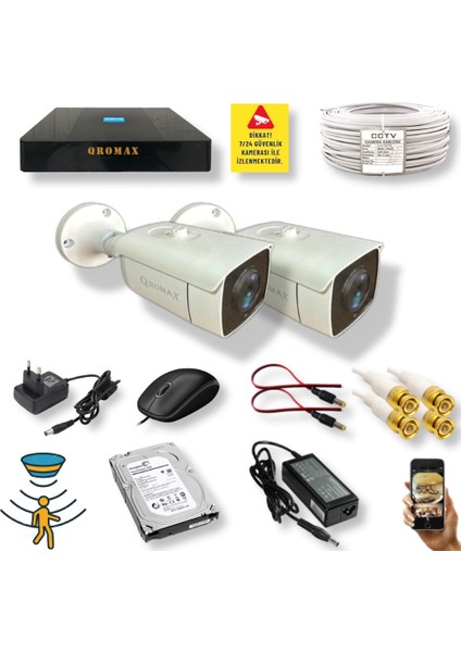 2 Kameralı Set - Hareket Algılayan Gece Görüşlü 24 Smd LED 5mp Sony Lensli 1080P Full Hd Metal Kasa Güvenlik Kamerası Seti 6224