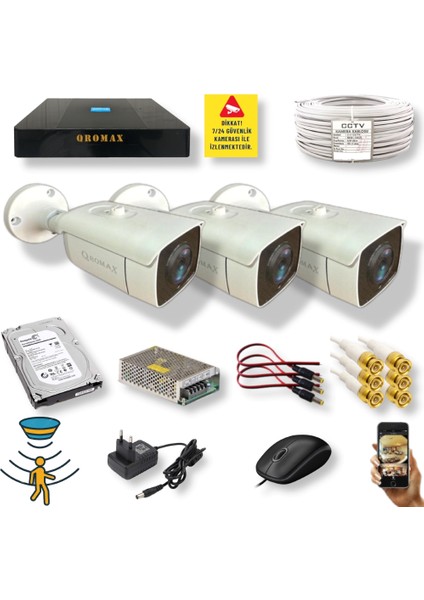 3 Kameralı Set - Hareket Algılayan Gece Görüşlü 24 Smd LED 5mp Sony Lensli 1080P Full Hd Metal Kasa Güvenlik Kamerası Seti 6224