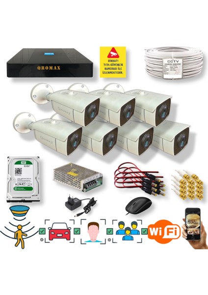 7 Kameralı Set - Insan Yüz Tanımalı Hareket Algılayan Gece Görüşlü 24 Smd LED 5mp Sony Lensli 1080P Full Hd Metal Kasa Güvenlik Kamerası Seti 6224