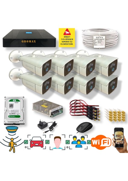 8 Kameralı Set - Insan Yüz Tanımalı Hareket Algılayan Gece Görüşlü 24 Smd LED 5mp Sony Lensli 1080P Full Hd Metal Kasa Güvenlik Kamerası Seti 6224
