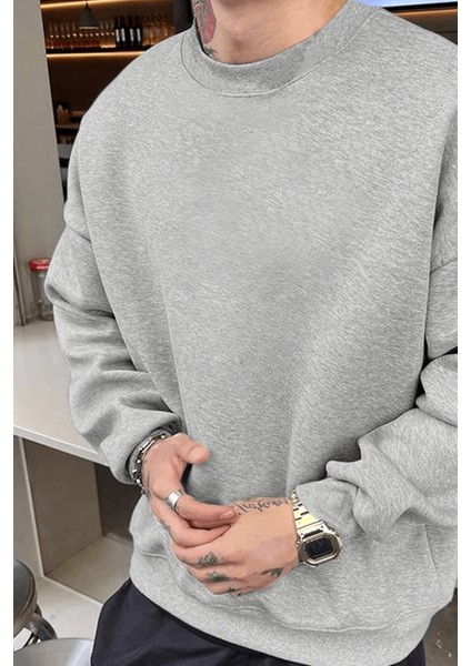 Erkek Düz Gri Basic Baskısız Sıfır Bisiklet Yaka Oversize Salaş Sweatshirt Sweat
