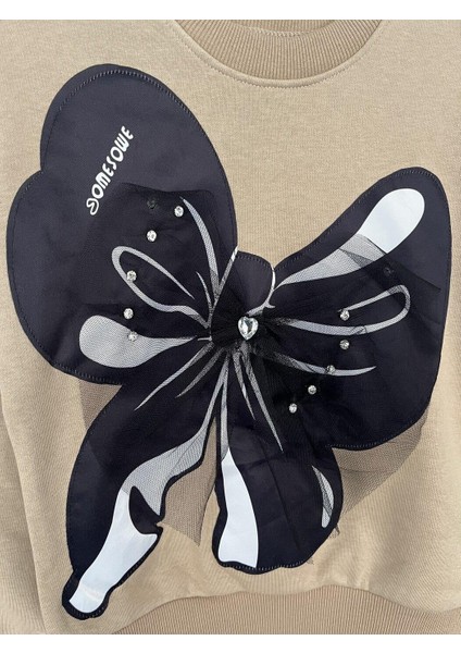 Kız Çocuk Kelebekli Taşlı Lastikli SweatShirt