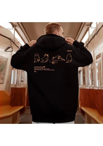 Büyük Beden Özel Tasarım Kapüşonlu Cutecat Sırt Baskılı 3 Iplik %100 Pamuk Erkek Sweatshırt