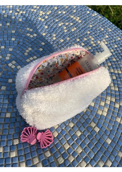 Peluş Makyaj Çantası Pembe Fermuarlı