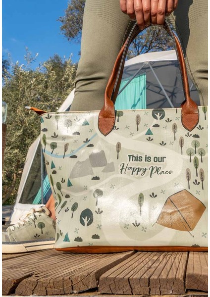 Kadın Vegan Deri Krem Omuz Çantası - This is Our Happy Place Tasarım