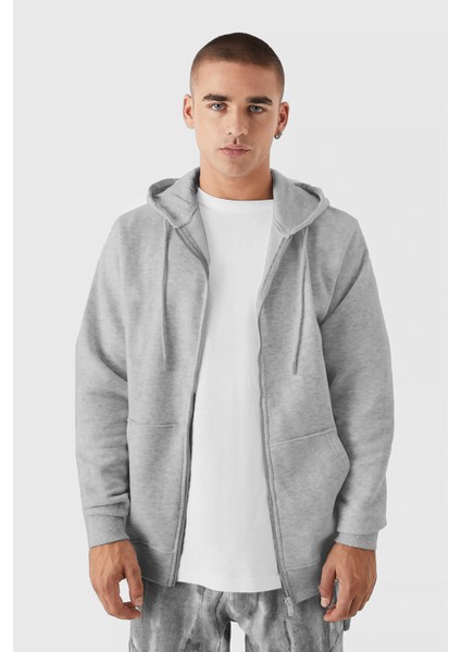 Erkek Gri Melanj Kapüşonlu Fermuarlı 3 Üç Iplik Polar Kanguru Oversize Sweatshirt Zip Up Hoodie