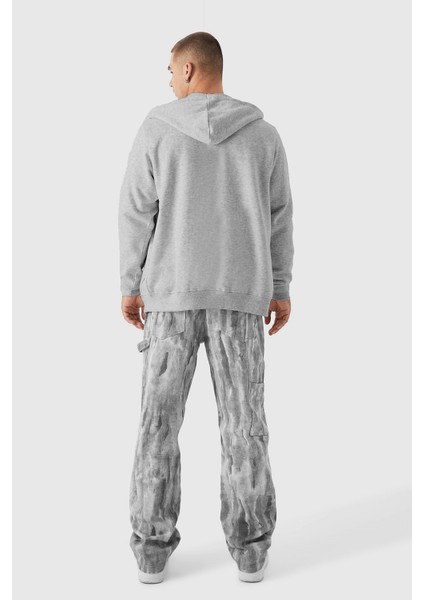 Erkek Gri Melanj Kapüşonlu Fermuarlı 3 Üç Iplik Polar Kanguru Oversize Sweatshirt Zip Up Hoodie