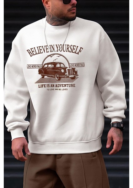 Erkek Kırık Beyaz Krem Ekru Believe Baskılı 0 Sıfır Yaka Oversize Salaş Bol Kesim Polar Sweatshirt