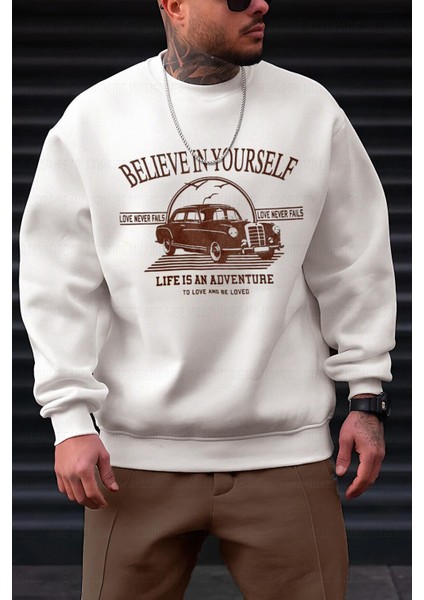 Erkek Kırık Beyaz Krem Ekru Believe Baskılı 0 Sıfır Yaka Oversize Salaş Bol Kesim Polar Sweatshirt modelleri