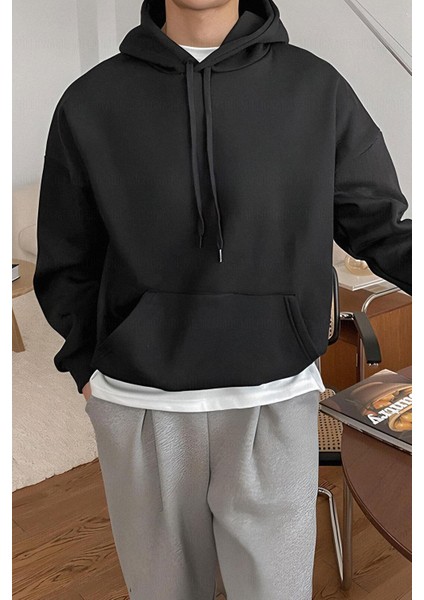 Erkek Siyah Düz Kapüşonlu Oversize 3 Iplik Şardonlu Salaş Bol Kesim Hoodie Sweatshirt