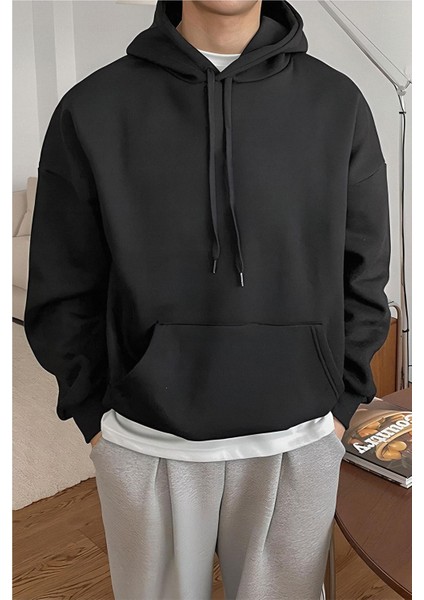 Erkek Siyah Düz Kapüşonlu Oversize 3 Iplik Şardonlu Salaş Bol Kesim Hoodie Sweatshirt modelleri