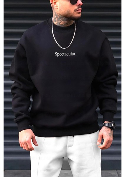 Erkek Siyah Spectacular Baskılı 0 Sıfır Yaka Oversize Salaş Bol Kesim Polar Sweatshirt