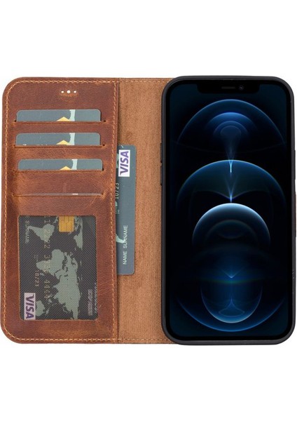 Apple iPhone 15 Pro Max Kılıf Hakiki Deri Cüzdan Gizli Mıktanıslı Kartivizitli Kırmızı